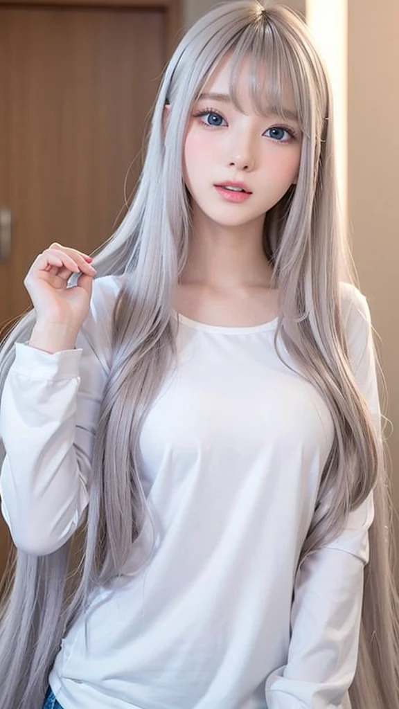 silver shiny hair、Super long straight silky hair、Dazzling blonde super long silky hair、 cute little beautiful face、A beautiful girl、Sparkling blonde dancing in front of a pretty face、Long, silky bangs that cover the space between the eyes、Very beautiful, bright, large, light blue eyes、Very big eyes、Hair that hides the face、Sexy pretty young woman with super long bangs、Very white skin、Cheek gloss highlighter、Small Face Beauty、Round face、Cute Shirts、Ample Bust
