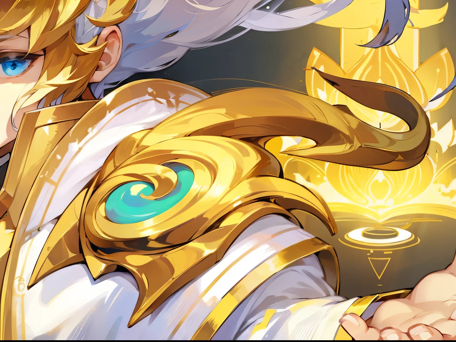 boy、Long white hair、Full details,White clothes,Metal decoration,Gold luster