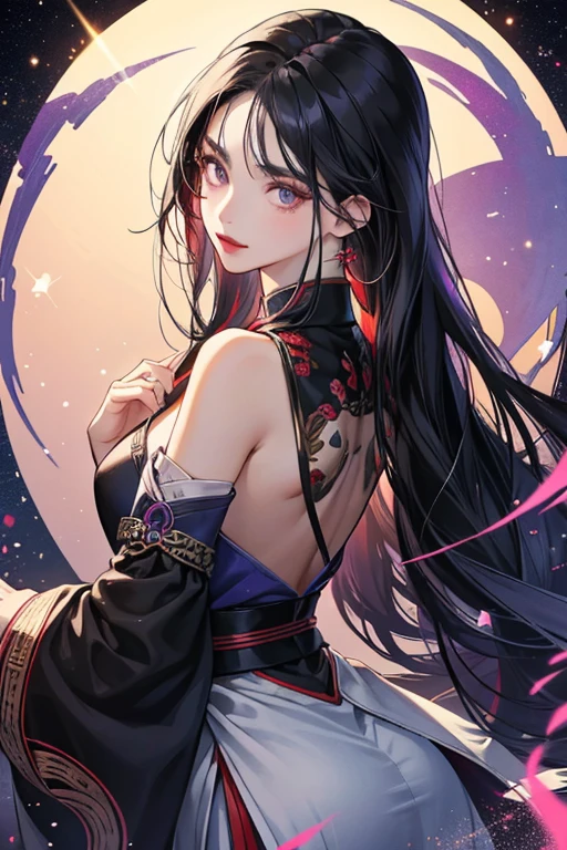 Fei is a Chinese girl who has black hair with very dark blue-violet reflections aside from a streak of strong amaranth down the left side of her head. She often wears her hair back in a long ponytail that runs about equal length to her shoulders and has dark brownish-gray eyes and light brilliant crimson lipstick. SPARKLE; GLITTER
