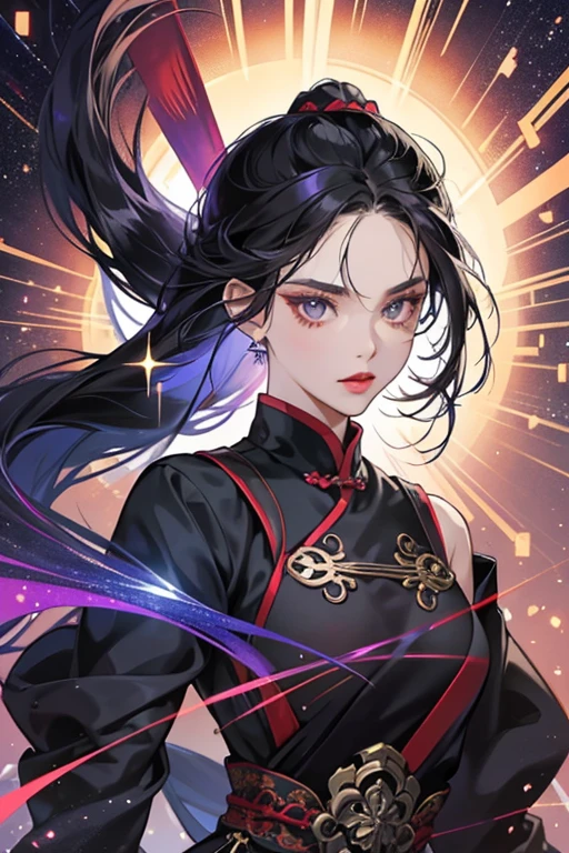 Fei is a Chinese girl who has black hair with very dark blue-violet reflections aside from a streak of strong amaranth down the left side of her head. She often wears her hair back in a long ponytail that runs about equal length to her shoulders and has dark brownish-gray eyes and light brilliant crimson lipstick. SPARKLE; GLITTER