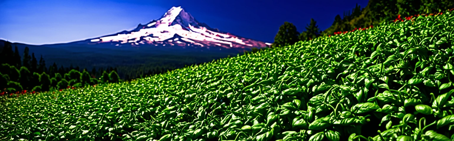 Realistic,Very realistic,Extreme Detail,Breathtakingly realistic,High contrast realism,High Saturation Realism,Vibrant colors, Chilis, Red peppers, basil, mt hood,Dramatic lighting,Fascinating landscape,Persuasive storytelling,Atmospheric scenery,Captivating visuals,Intricate details,Strong emotions,Heavenly Beauty,A dreamlike world