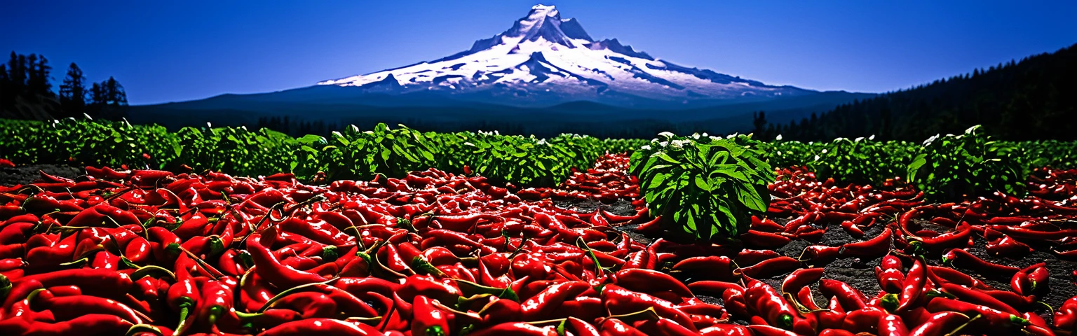 Realistic,Very realistic,Extreme Detail,Breathtakingly realistic,High contrast realism,High Saturation Realism,Vibrant colors, Chilis, Red peppers, basil, mt hood,Dramatic lighting,Fascinating landscape,Persuasive storytelling,Atmospheric scenery,Captivating visuals,Intricate details,Strong emotions,Heavenly Beauty,A dreamlike world