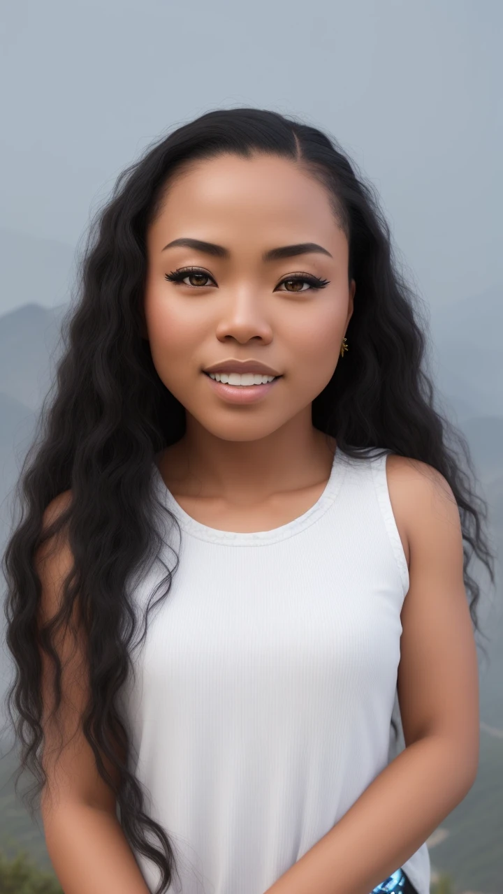 a strong mixed-raced  chinese black female  made out of sapphire, (Cyborg:1.1), , (Intricate details), hdr, (Intricate details, ultra - detailed:1.3), animated shot, Vignette, Centered, sunset between mountains 