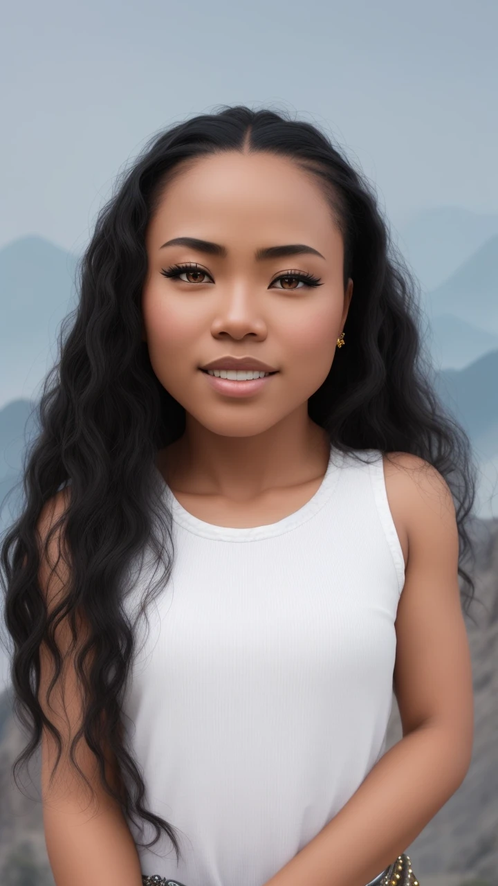 a strong mixed-raced  chinese black female  made out of sapphire, (Cyborg:1.1), , (Intricate details), hdr, (Intricate details, ultra - detailed:1.3), animated shot, Vignette, Centered, sunset between mountains 
