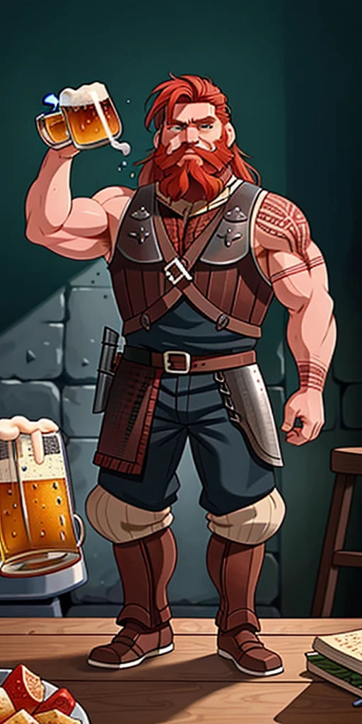 Ingólfr Einarr is a 40-year-old red-haired Viking man with a full beard, outgoing, muscular and very attractive, who wears his imposing medieval armor. hyper detailed and super realistic. cartoon style. Ingólfr Einarr holds up a mug of beer and extends his arm