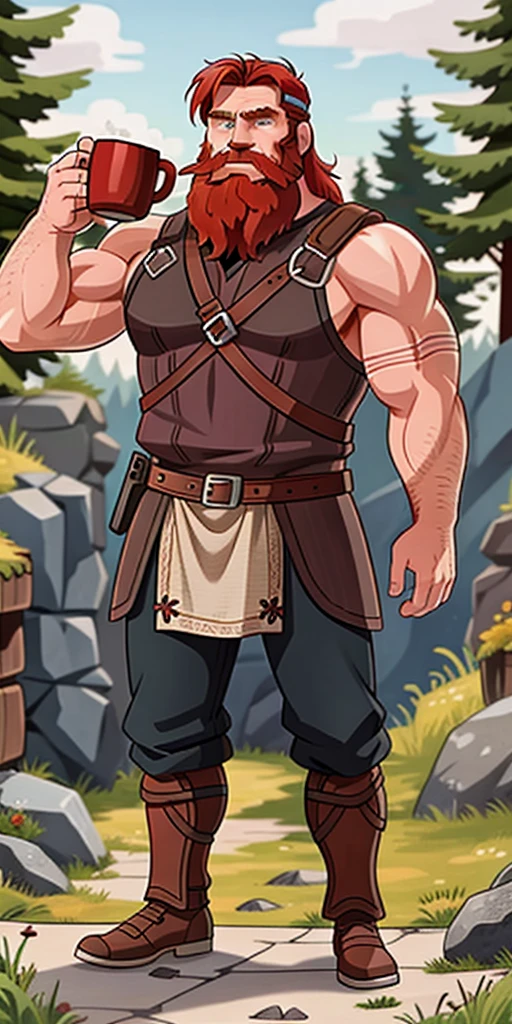 Ingólfr Einarr is a 40-year-old red-haired Viking man with a full beard, outgoing, muscular and very attractive, who wears his imposing medieval armor. hyper detailed and super realistic. cartoon style. Ingólfr Einarr holds up a mug of beer and extends his arm