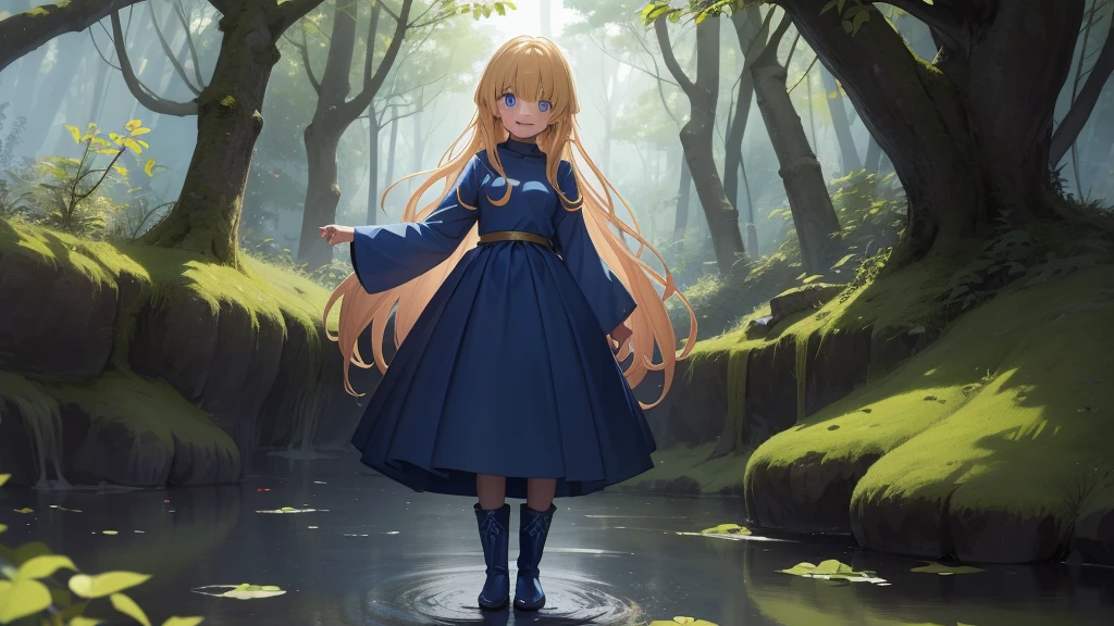 masterpiece, taller than,Very detailed, Absurd, witch, 8-year-old, girl,  alone, Blonde, Long Hair,  blue eyes, Blue Boots, Blue clothes, Long sleeve,Have,in the forest,  ojou-sama pose,smile,Open your mouth,