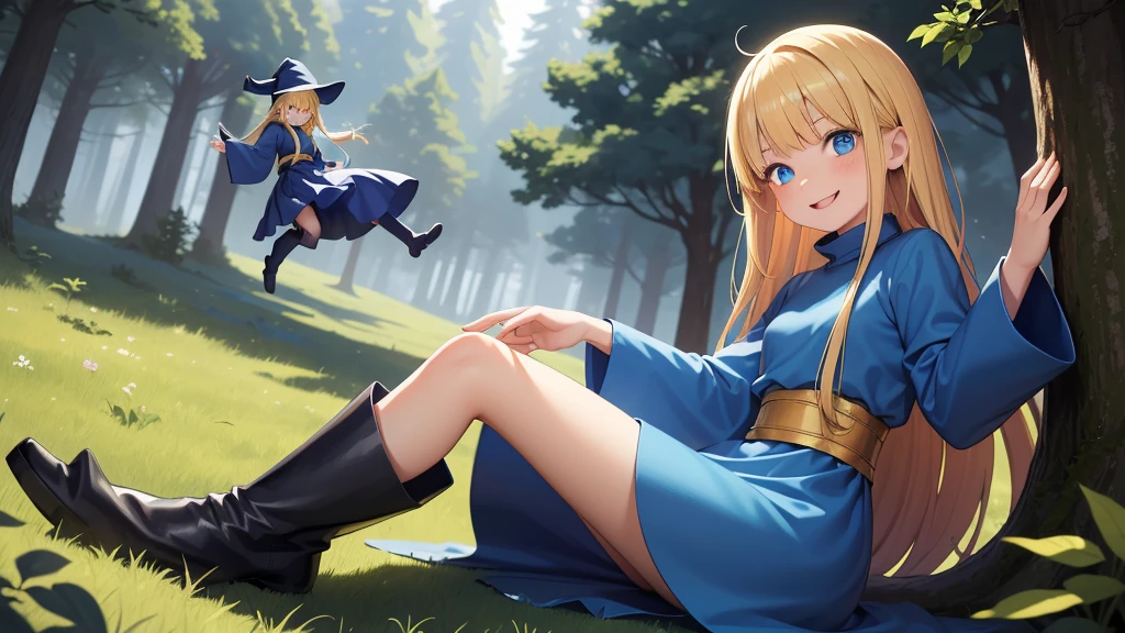 masterpiece, taller than,Very detailed, Absurd, witch, 8-year-old, girl, alone, Blonde, Long Hair, blue eyes, Blue Boots, Blue clothes, Long sleeve,Have,in the forest, ojou-sama pose,smile,Open your mouth,
