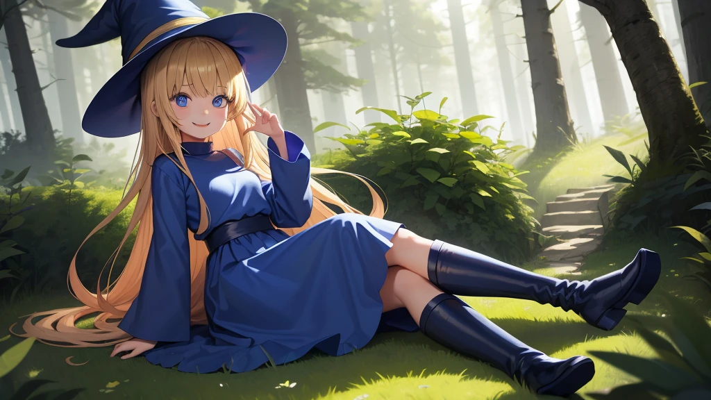 masterpiece, taller than,Very detailed, Absurd, witch, 8-year-old, girl, alone, Blonde, Long Hair, blue eyes, Blue Boots, Blue clothes, Long sleeve,Have,in the forest, ojou-sama pose,smile,Open your mouth,