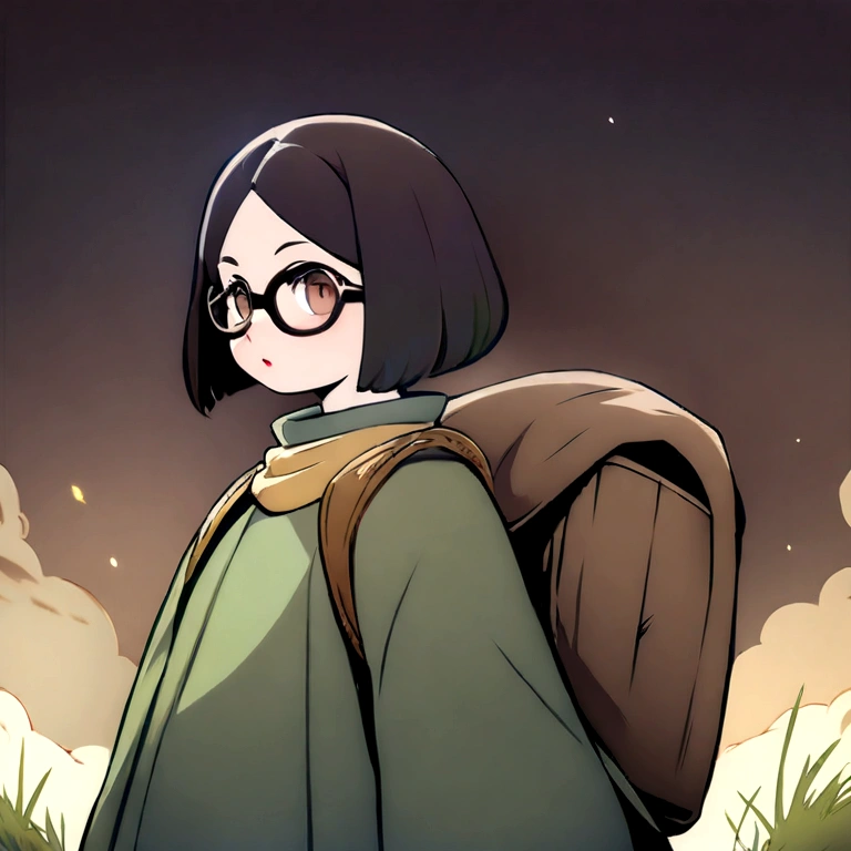 anime style, illustration, absurd res, high res, (masterpiece:1.4), ultra-detailed, 1girl, from afar, meadow, short girl, medival clothing, magic, short hair, layered bob, dark hair, brown eyes, glasses, staff, heavy backpack, chubby girl, brown and green clothing, upper lip mole