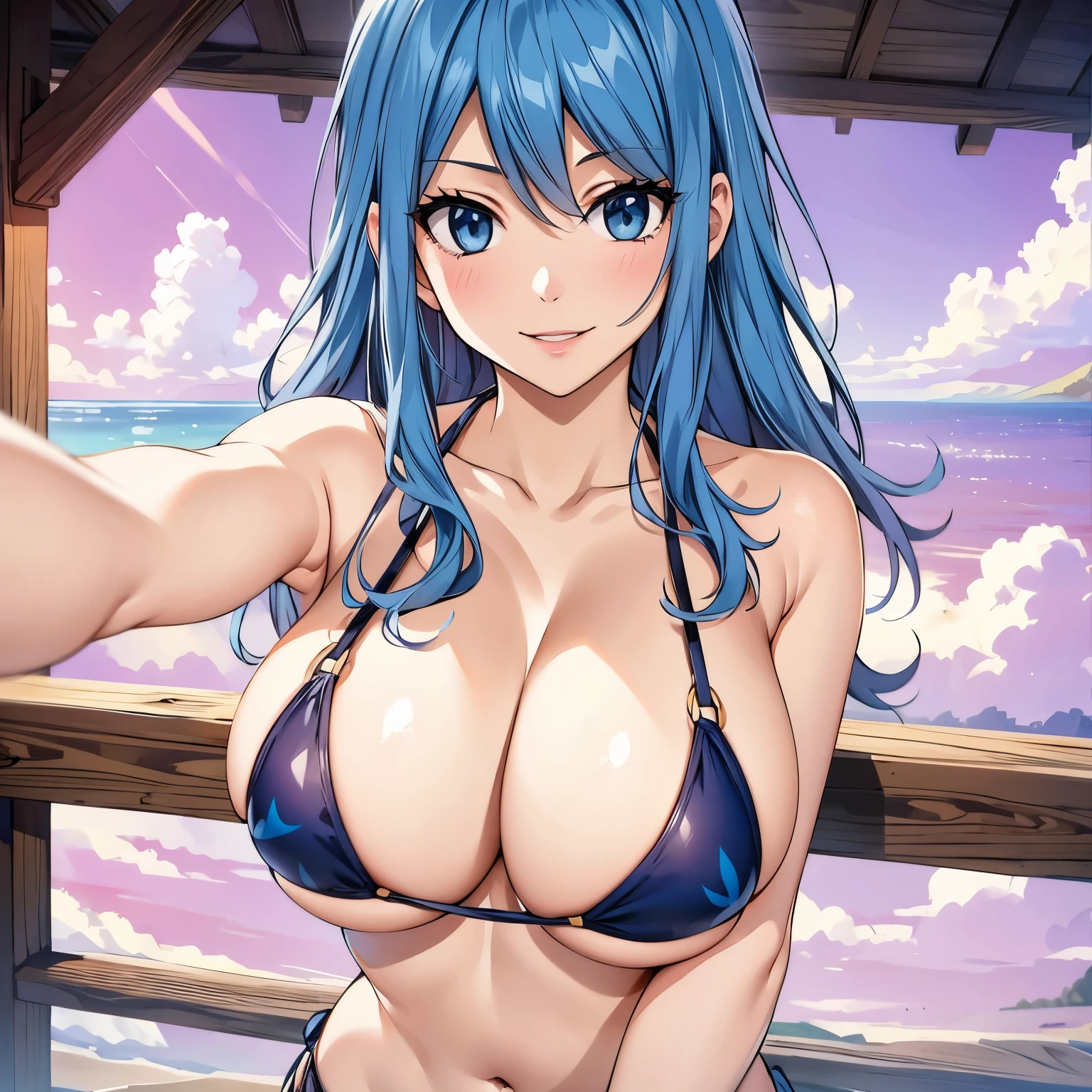 Juvia Lockser, 25 year old woman. wavy blue hair, blue eyes, big breasts, mischievous smile, Bikini , background a tropical beach. WET BODY. 