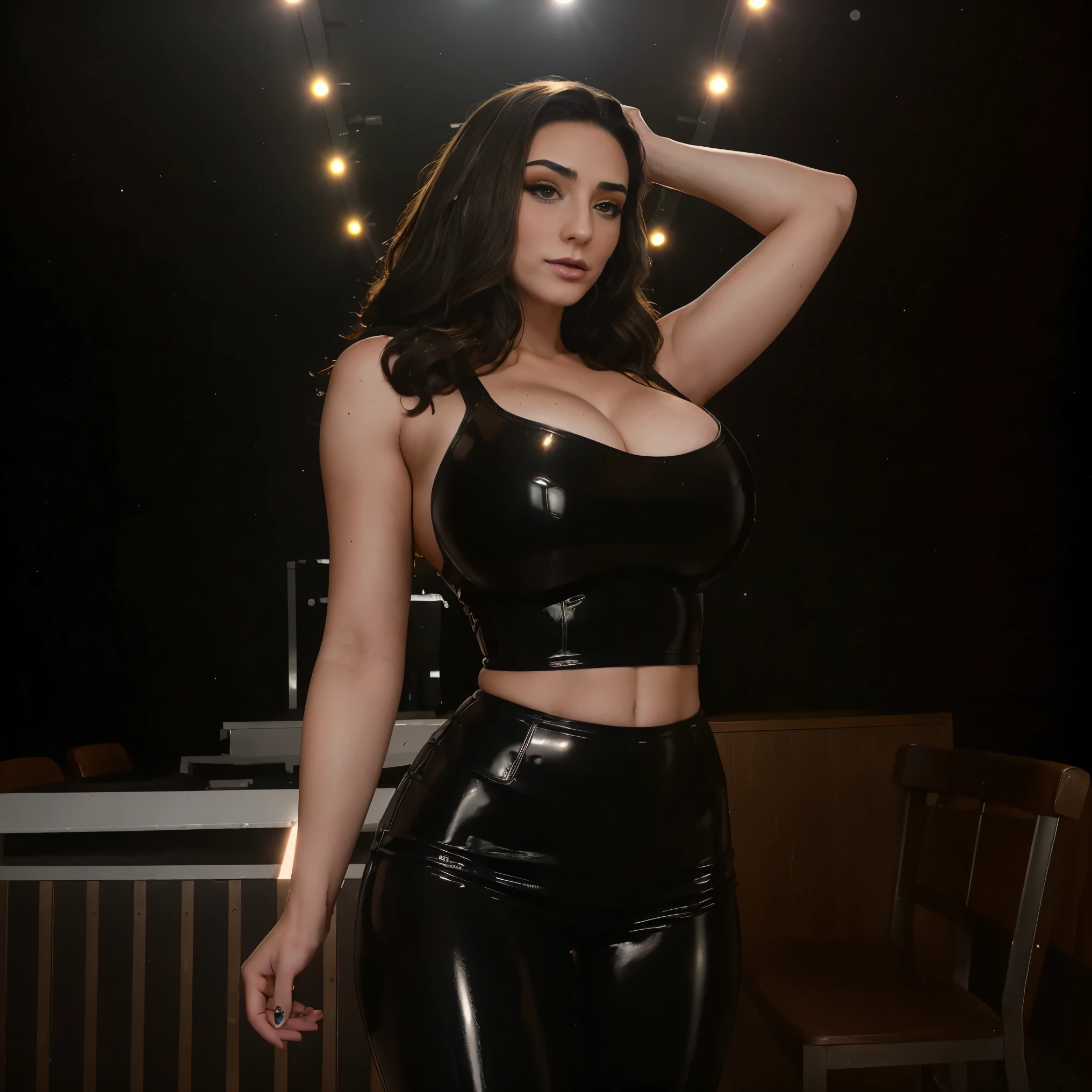 Extremely busty thin and toned brunette dominatrix, college girl, fair skin, big hair, soft face, athletic, wearing sexy latex, makeup. Standing, stage, dark strip club, elegant background, stage lights