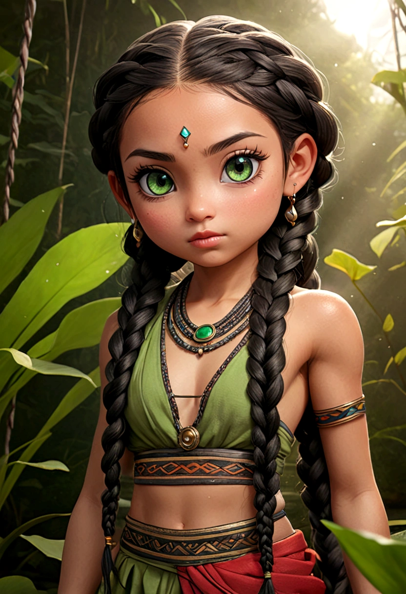 daughter of severus snape, little  tribal,(((little ,small tiny body,little guy,Chibi,small))),(((6 years old))),(((1 little boy:1.4))),(babyface),(round face),(little chest),(big head:1.2),(Hermosos green Eyes grandes:1.3),Extremely detailed cute anime face, (((flat chest))),((((Long Twin Braids,tight braids,long braid,braided hair,Long Hime cut,dark hair,black hair,colored inner hair)))),(((green_Eyes:1.3))),Eyes intricates,hermosos Eyes detallados,eyes symmetrical:1.5),((((Glossy skin:1.5,tanned skin,shiny skin: 1.5,tanned skin,shiny skin,very shiny skin,shiny body,reflective skin)))),(((detailed face))),beautiful detailed lips, (beautiful,kawaii,(NSFW)),🦄,🌈, long loincloth,(belly button),Shaman tribal clothing,Tanga tribal,(tribal clothing,ancient egypt style),belly button,barefoot,bare arms,belly button expuesto,collar,(tribal clothing),((Red clothes,wet clothes,Traje intricate)), dynamic pose,looking at the viewer,ashamed,centered,Scale to fit dimensions,rule of thirds, outdoor,abnormally grown,(overgrown background,shiny crystals,Planta bioluminiscente),landscape,extreme landscape,(((shiny crystals,bioluminescent plants))),(puddles everywhere,moss,moss en el fondo),clouds,lily pad,palmas,Of,(sunset, golden hour), (Bright Egyptian ornaments),(highest qualityr,8k,32k,Masterpiece),High resolution,(fotorrealist:1.4),ray tracing,sun glare,Depth of fields,By backlight effect,Add depth to your screen,(((vibrant colors,vibrant theme))),(intricate),(High contrast,Ilustraciones fotorrealists:1.37),(The best quality,4k,High Resolutions,Masterpiece:1.2),ultra detailed,(realist,fotorrealist,fotorrealist:1.37),professional,