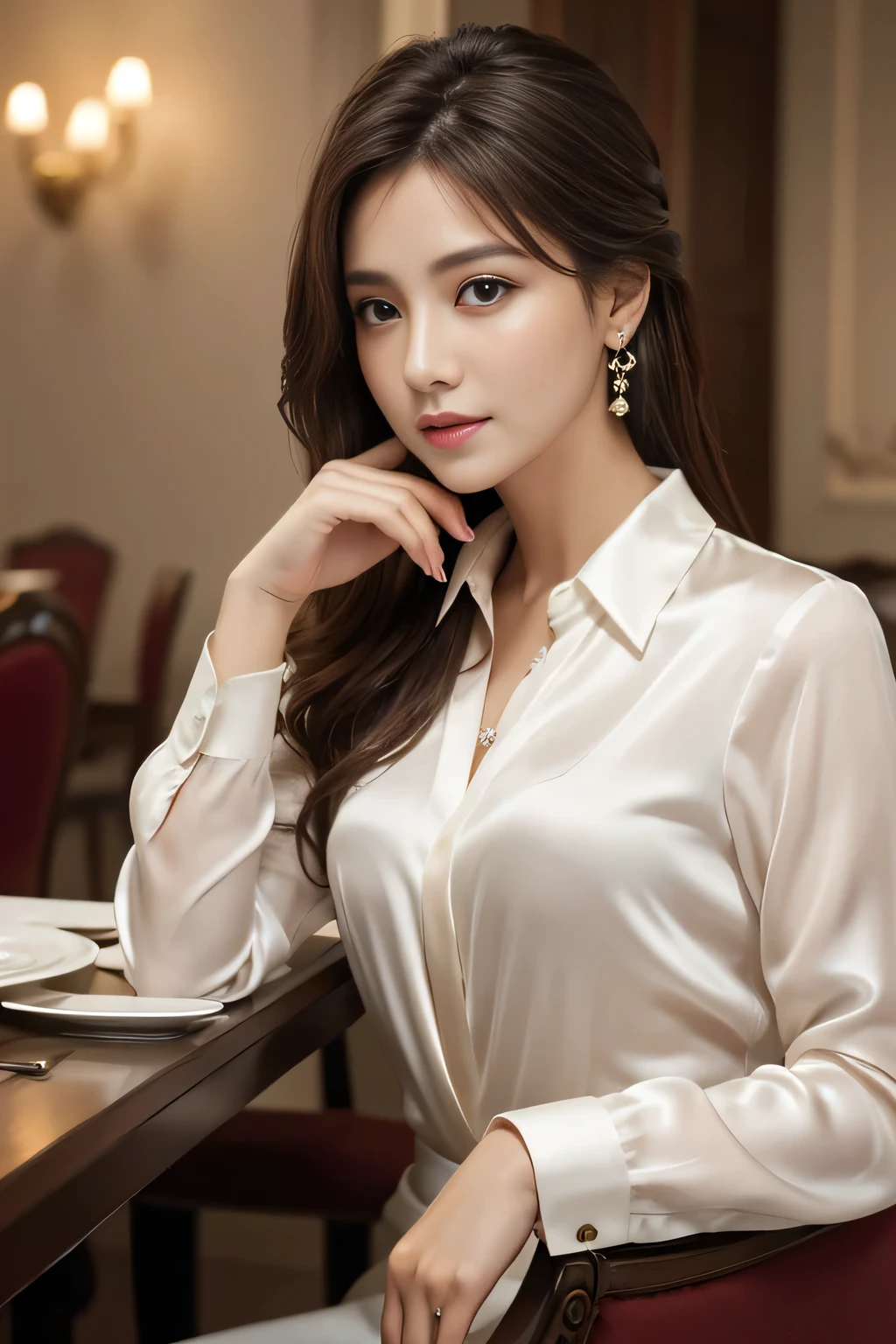 masterpiece, Highest quality, Realistic, Very detailed, Finer details, High resolution, 8k wallpaper, One beautiful woman, Wear an elegant white silk shirt, In a great restaurant, At night, Light brown messy hair, Perfect dynamic composition, Beautiful and beautiful eyes、Big earrings、Sit on a chair、