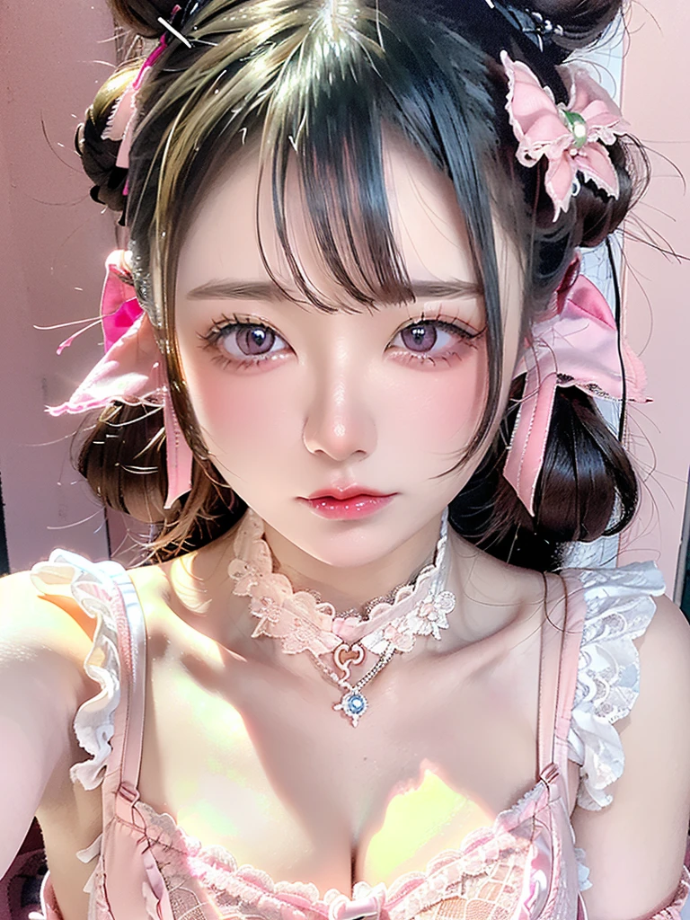 ((Highest quality)),(Ultra-high resolution),(Very detailed),(Detailed Description),((The best CG)),(masterpiece),Very detailedなアート、Small breasts、Whitening 1.5、Translucent white skin、(((Pink lace bra 1.5)))、High Leg 1.4、Ribbon hair ornament、(((Bun Hair 1.5)))Tying up hair、Glitter Necklace、Ultimate Beauty 1.5、((( Place your right hand on your mouth 1.5)))、Open your mouth、(((Mid-shot photo 1.5)))