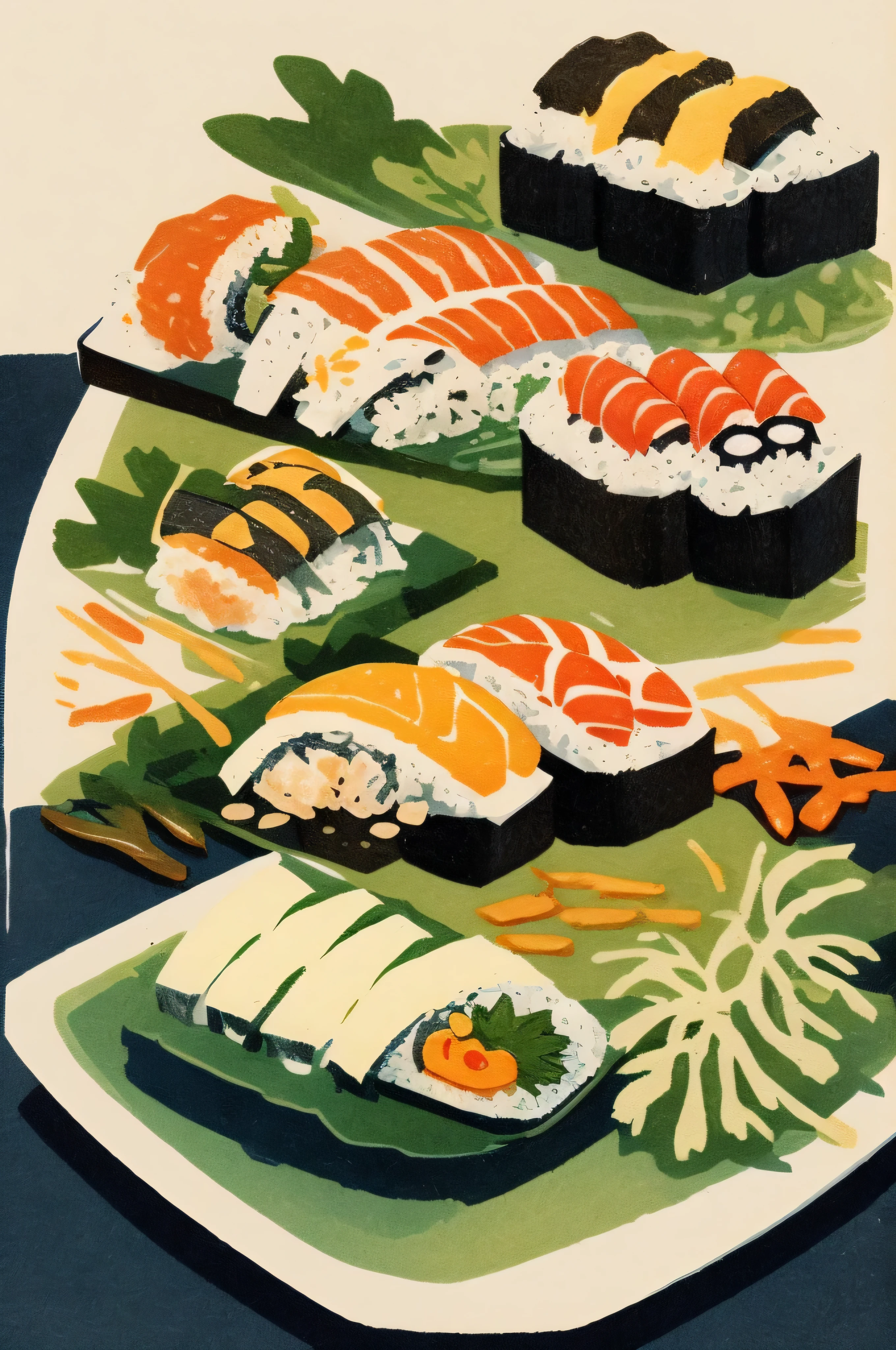 
Illustration: simple woodblock printing style sushi sushi counter Japanese sushi master While placing the suli on the plate There is no signature of the artist.