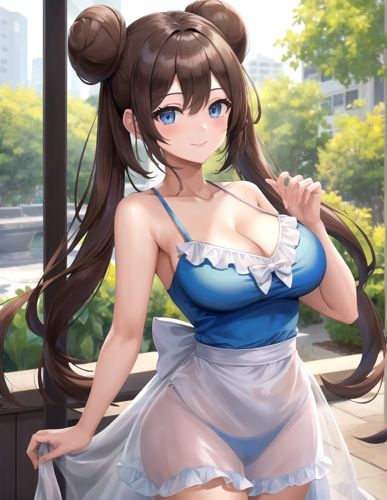 (masterpiece:1.3), (absurdres:1.3), (best quality:1.3), (ultra-detailed:1.3),(best shadow:0.7), (handled hair), perfect anatomy, 1girl, solo, rosa(pokemon), double bun, visor cap, hair bun, long_twintails, brown hair, blue eyes, hair between eyes, large breasts, sightly smile, nuisette, wearing a nuisette, see-through, see-through silhouette, revealing clothes,