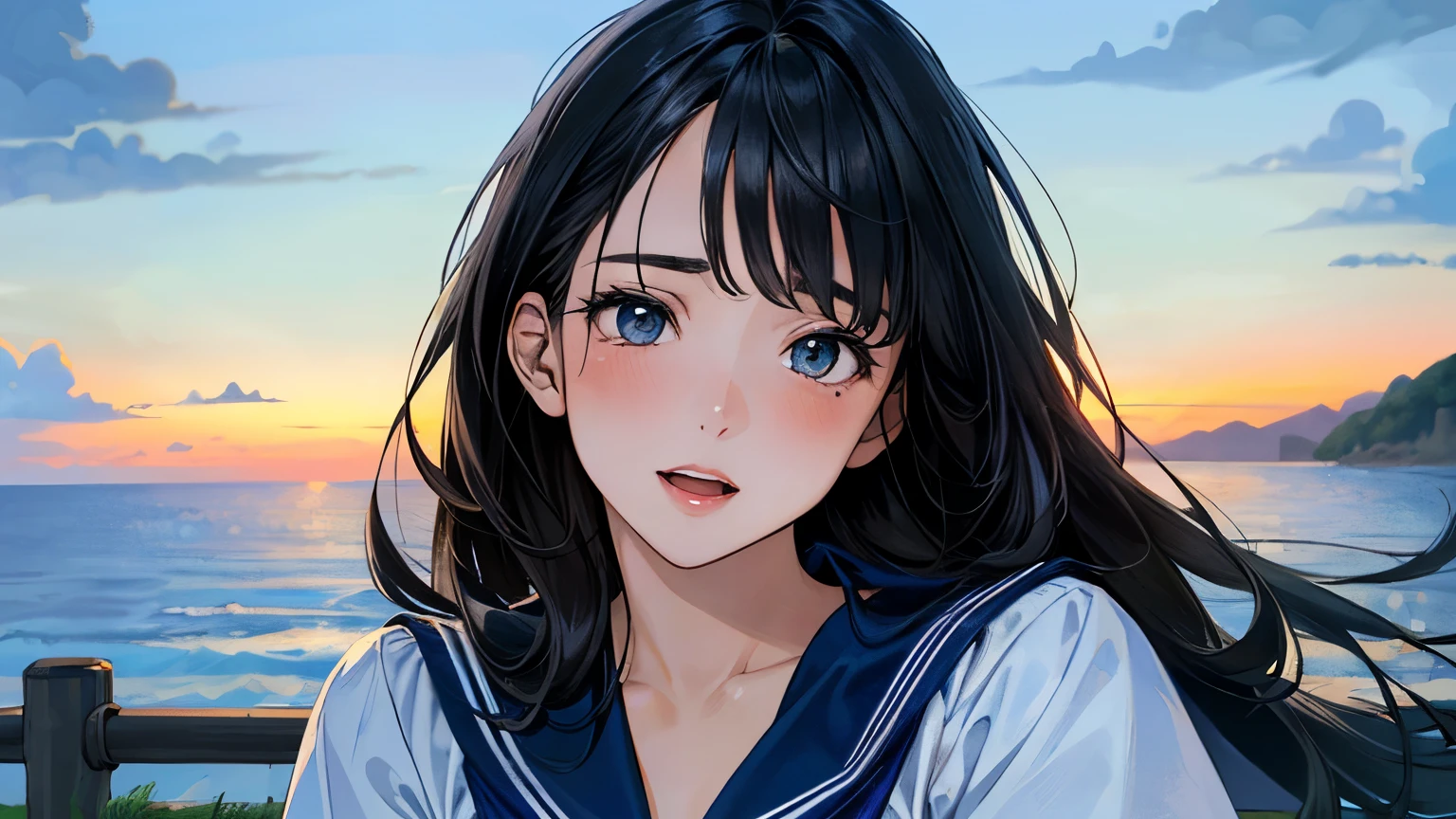 (masterpiece:1.3, Highest quality, Ultra-high resolution, Super detailed), (Realistic, photoRealistic:1.4), Beautiful illustrations, Perfect lighting, Natural light, colorful, Depth of written boundary, ,
Beautiful detailed hair, Beautifully detailed face, Beautiful attention to detail, Beautiful clavicle, Beautiful body, Beautiful breasts, Beautiful thighs, Beautiful feet, Beautiful fingers, Shiny skin,
View your viewers, 1 Girl, high school girl, (Perfect Anatomy, Anatomically correct, Highly detailed skin), Cute and symmetrical face, Baby Face, Perfect Face, Perfect Eyes, Perfect body,
(Long Hair, Curvy hair, Black Hair), bangs, Iris, blue eyes, Droopy eyes, Long eyelashes, (Large Breasts:0.9, Captivating thighs), Curvy,
(Detailed cloth texture), Short sleeve, Blue Sailor Suit, Pleated skirt, Red Sailor Scarf,
(Beautiful views), summer, evening, (Schoolyard:1.2), Are standing, (Nervous, Half-open mouth), , Ocean,Tropical atmosphere,relaxing