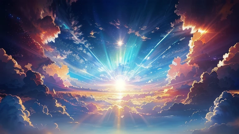 there is a picture of a sky with a sun and clouds, luminous sky heaven background, heaven background, explosion of light, instense god rays in the sky, god's rays highly detailed, amazing wallpaper, heavenly light, heaven planet in background, god sun rays, beams of light from sky, light coming from above, sunbeams. digital illustration