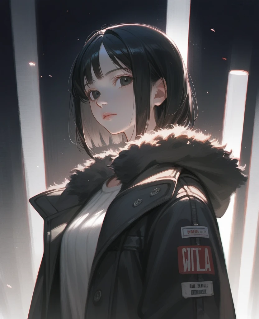 Beautiful girl with realistic black eyes, Pale skin, Medium length black hair, Perfect Face, Perfect Eyes, Wearing a coat, Very detailed, Overall Movie, Digital Painting, 8K, Cinema Lighting, Highest quality, High resolution, Detailed work, Post-processing, Perfect results, Ultra-realistic