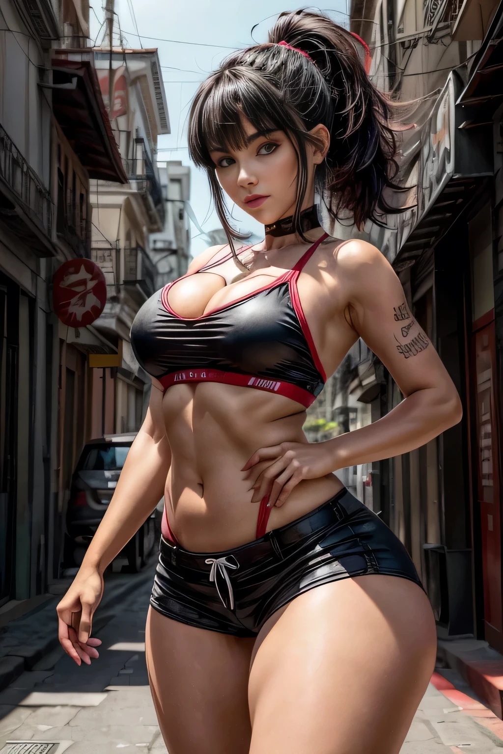 hinata hyuuga, extremamente realisitic, short bermuda shorts, short short, naruto tattoo, extremely sexy, very beautiful, Ponytail hair, hair stuck, big hair, (((big-ass))) Fitness (((legs thick))) is dancing, sticking out ass, red mouth, Red lipstick, Rio de Janeiro city in the background, brazil, uma representação realisitic do rosto, realisitic, Coloring, dainty, cinematic light, side lighting, Lens flare, ray tracing, focusing nítido, (1 girl, __focusing__:1.3), (complexdetails, make-up, pureerosface_v1:0.5), (rosto lindo e dainty detalhado, olhos lindos e daintys detalhados, a perfect face proportion, highly detailed skin, skin detailed, best proportion four fingers and a thumb, Broad Hips, barriga fitness, __lo fashion__, __body hair__: 1.3), __location__,