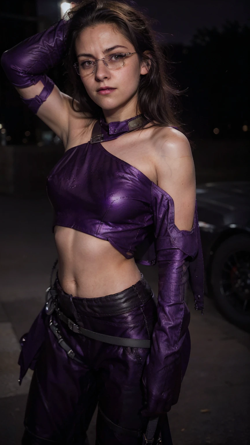 (masterpiece), (photorealistic1.4), (1 girl), (solo), (best quality), (epiCRealLife), (Kate Bishop long hair), (sleeveless top), (kateb2023 black utility belt), (kateb2023 purple costume), (purple pants) (kateb2023 purple sleevless bodysuit), (kst3w),(white scarf), (kateb2023 purple sunglasses) (bare shoulder), (night time), (black boot), (elbow gloves), (abs), (flash photography), (flashphoto), (cowboy shots), (outdoor), (street of new york), (at night), (black boots), (look at viewers),(light smile), (walking),