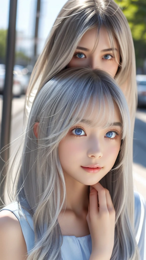 The Shining, clear, White skin、Her windblown silver hair hides her beautiful face..、Huge、Sexy beautiful face of 16 year old、Beautiful straight hair that stands out、growing up, light blue eyes shimmering、Sexy long silky bangs that cover the eyes, Sexy young woman with super long hair hiding her sexy face、The Shining silver hair、(((Sexy Woman)))、Small breasts、