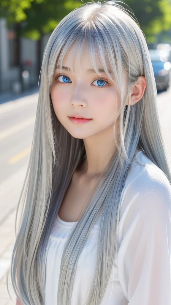 Shining, clear, white skin、Her windblown silver hair hides her beautiful face.、huge、Sexy beautiful face of 28 years old、Beautiful straight hair that stands out、growing up, Sparkling light blue eyes、Sexy long silky bangs covering the eyes, Sexy young woman with super long hair hiding her sexy face、Shining silver hair、(((Sexy Woman)))