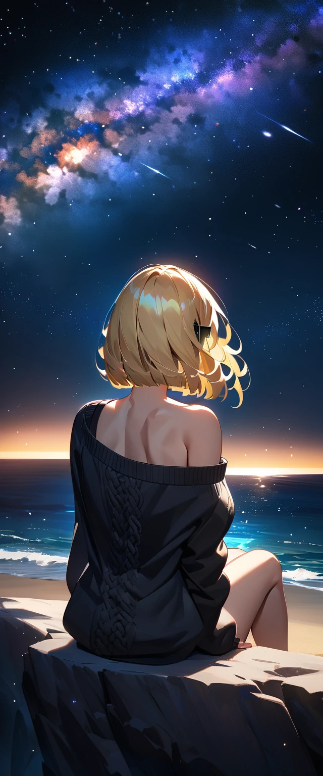 (((a beautiful starry sky, the Milky Way shining beautifully in the night))), ((bare legs)), (((sunglasses, hand to sunglasses))), ((Aran sweater)), ((((from back)))), upper body, ((sitting on the very high cliff)), wavy hair, inward curled hair, sea, beach, ((blond hair, bob cut:1.3)), breasts, teenager, (looking at another), oversized clothes, puffy long sleeves, ((off-shoulder sweater:1.3, Quite thick shoulder straps)), ((black sweater)), collarbone, head tilt:1.3, (((blue eyes))), happy smile, (((anime style))), (best quality, 4K, 8K, highres, masterpiece:1.2, ultra-detailed, ultra-detailed eyes, HDR, uhd, studio lighting, ultra-fine painting, sharp focus, physically-based rendering, extreme detail description, professional, vivid colors, bokeh)