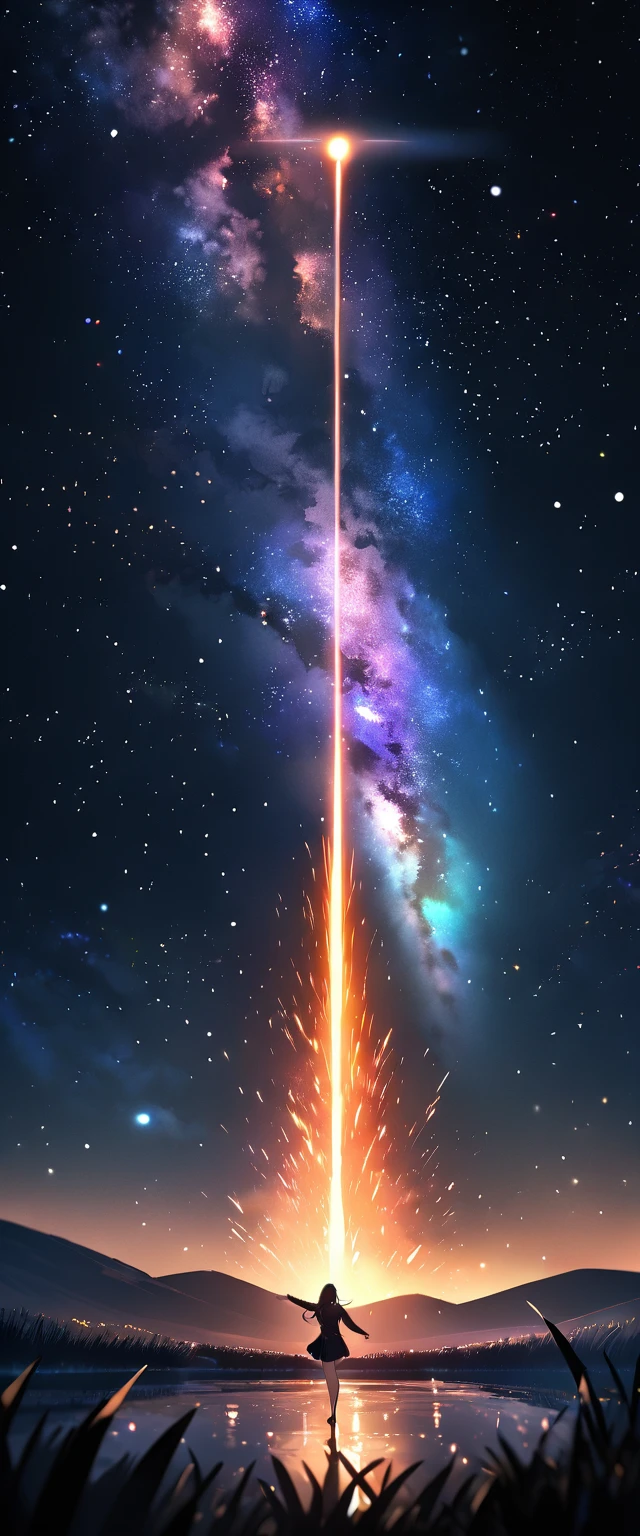 (((A meteor shower dancing in the night sky, countless stars twinkling in the clear air, a beautiful starry sky, the Milky Way shining beautifully in the night))), grass field, (best quality, 4K, 8K, highres, masterpiece:1.2, ultra-detailed, HDR, uhd, studio lighting, ultra-fine painting, sharp focus, physically-based rendering, extreme detail description, professional, vivid colors, bokeh)