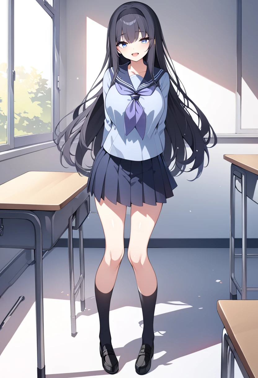 ,akiha,best quality,masterpiece, super fine illustration,1girl,solo,looking at viewer, , sailor collar, serafuku ,blue shirt, long sleeves, purple neckerchief ,blue neckerchief, black skirt, pleated skirt, black socks ,kneehighs, black footwear ,loafers, classroom  ,full body,standing,arms_behind_back,smile,;d,open mouth, large breasts, , perfect face, bangs, black hair, long hair, black hairband, perfect shiny hair, blue eyes, ultra-detailed eyes, iridescent shiny eyes,