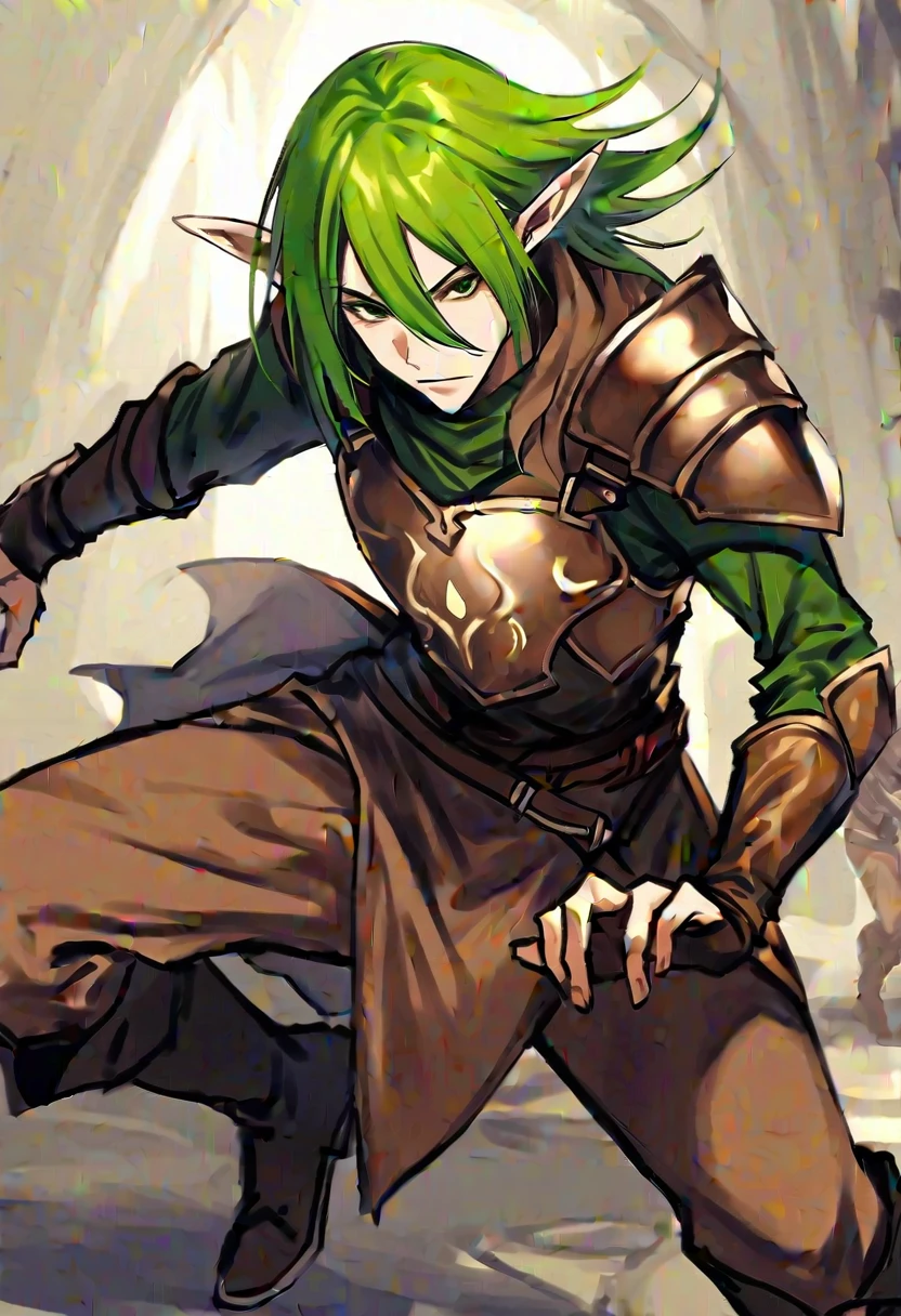 Por favor, create an image of a male rogue with typical fantasy features. He has green-skinned pointy ears, is wearing brown leather armor and boots. The character must appear agile and cunning, with a determined expression and a posture that suggests skill in combat and stealth. The background scene should be simple and neutral, focusing on the character.