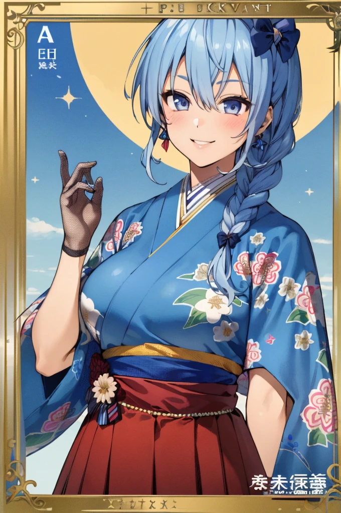 1girl, solo, detailed face,SuiseiKimono, twin braid, blue kimono, flower print, sash, hakama skirt, fishnet gloves,,looking viewer,smile,big breasts