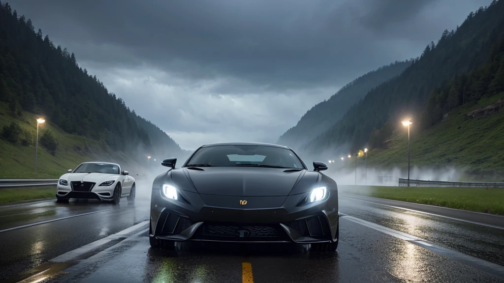The endless road、storm、Heavy Rain、Raging Wind、Luxurious sports car、Speed
