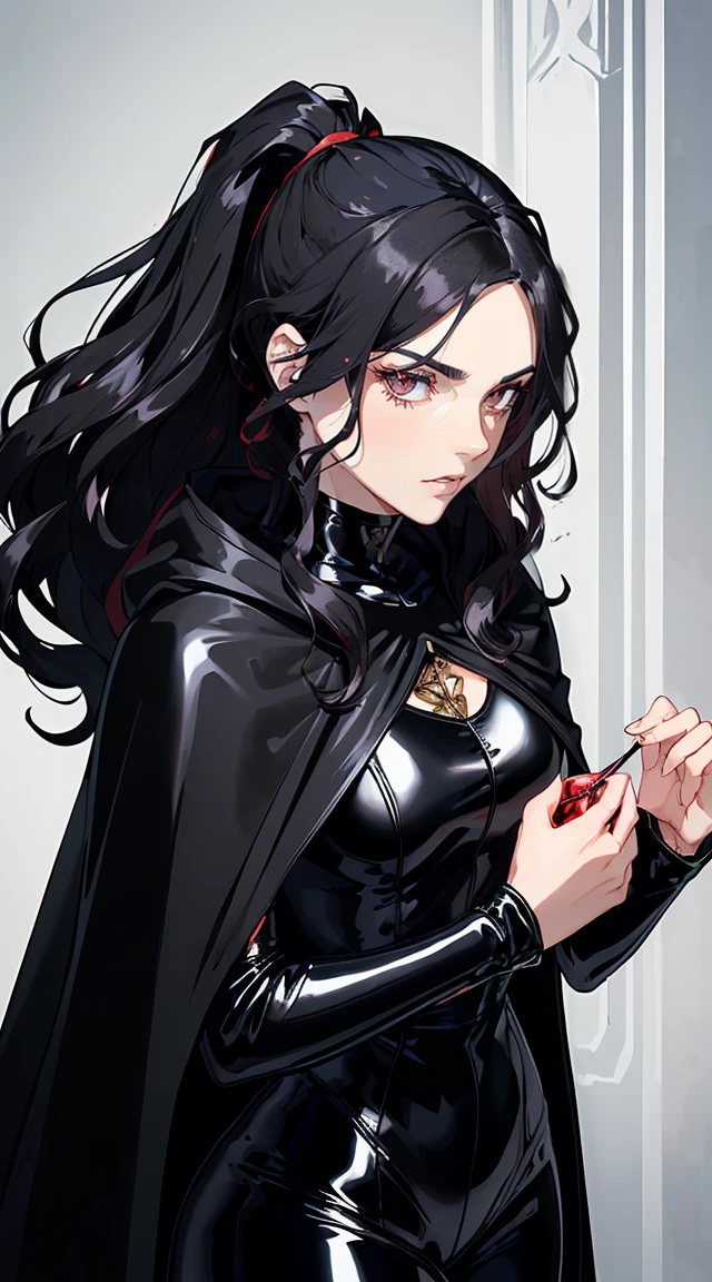 handsome older WOMAN,crimson-eyes,crimson pupils,Long black hair,Hyperresolution,accuracy,Detailed rendering,(Subtle facial image)(Image of fine hair)(topquality)(Masterpieces of masters)(High degree of completeness)(A sense of atmosphere)tmasterpiece,Super detailed and super detailed(portrait), long wavy black hair, (((tHICK WAVY HAIR)))(((ANKLE LENGTH HAIR))) (((Sakimichan))) (((black hair))) (((Latex black fight outfit))) (((Hair in ponytail))) (((skinny))) (((Latex black fight suit)))(((Stoic expression)))(((Black cloak)))