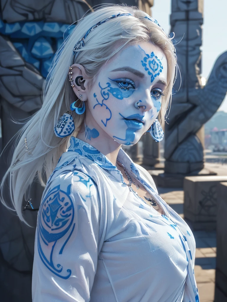 (shiny white skin:1.4),(a girl with bigbreast:1.5),(cute face with blue pattern tatoo:1.7) , ( infected monuments:1.5) ,(many ear ring:1.6),(white blouse:1.5) extremely detailed CG unity 8k wallpaper