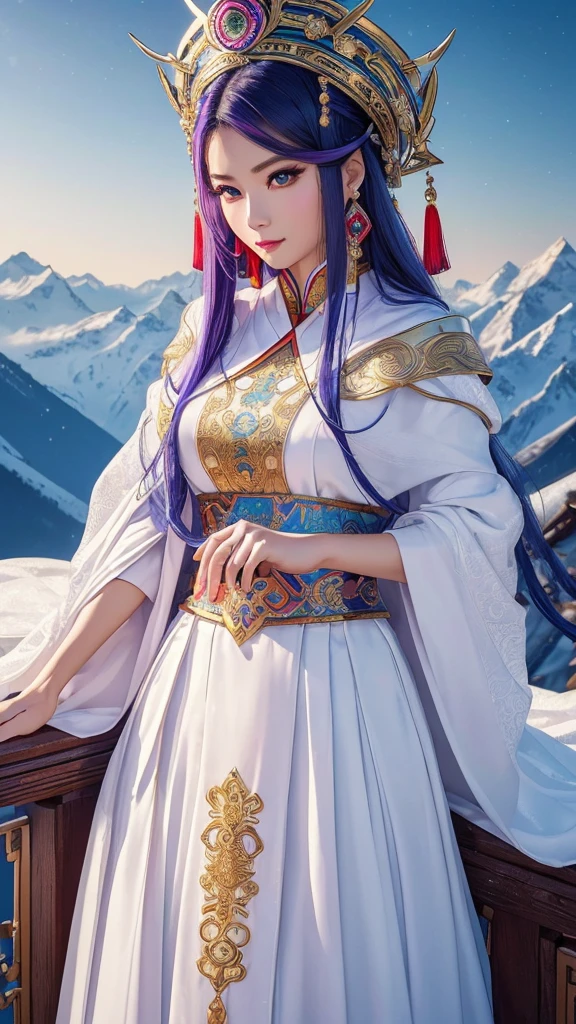 ((best quality, masterpiece meticulous eyes, sharp focus, bright colors, extreme details)), Upper Body, Eastern, Chinese (Medusa). image (Queen), Express (cold), 8K,, Chinese fantasy costumes (Oriental white long skirt), shawl, Waist Ribbon, headgear (ring), snow Mountain (Mountain), snow, Permanent, night,