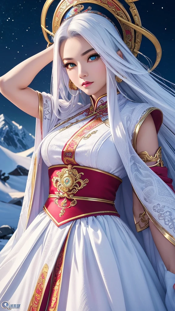 ((best quality, masterpiece meticulous eyes, sharp focus, bright colors, extreme details)), Upper Body, Eastern, Chinese (Medusa). image (Queen), Express (cold), 8K,, Chinese fantasy costumes (Oriental white long skirt), shawl, Waist Ribbon, headgear (ring), snow Mountain (Mountain), snow, Permanent, night,