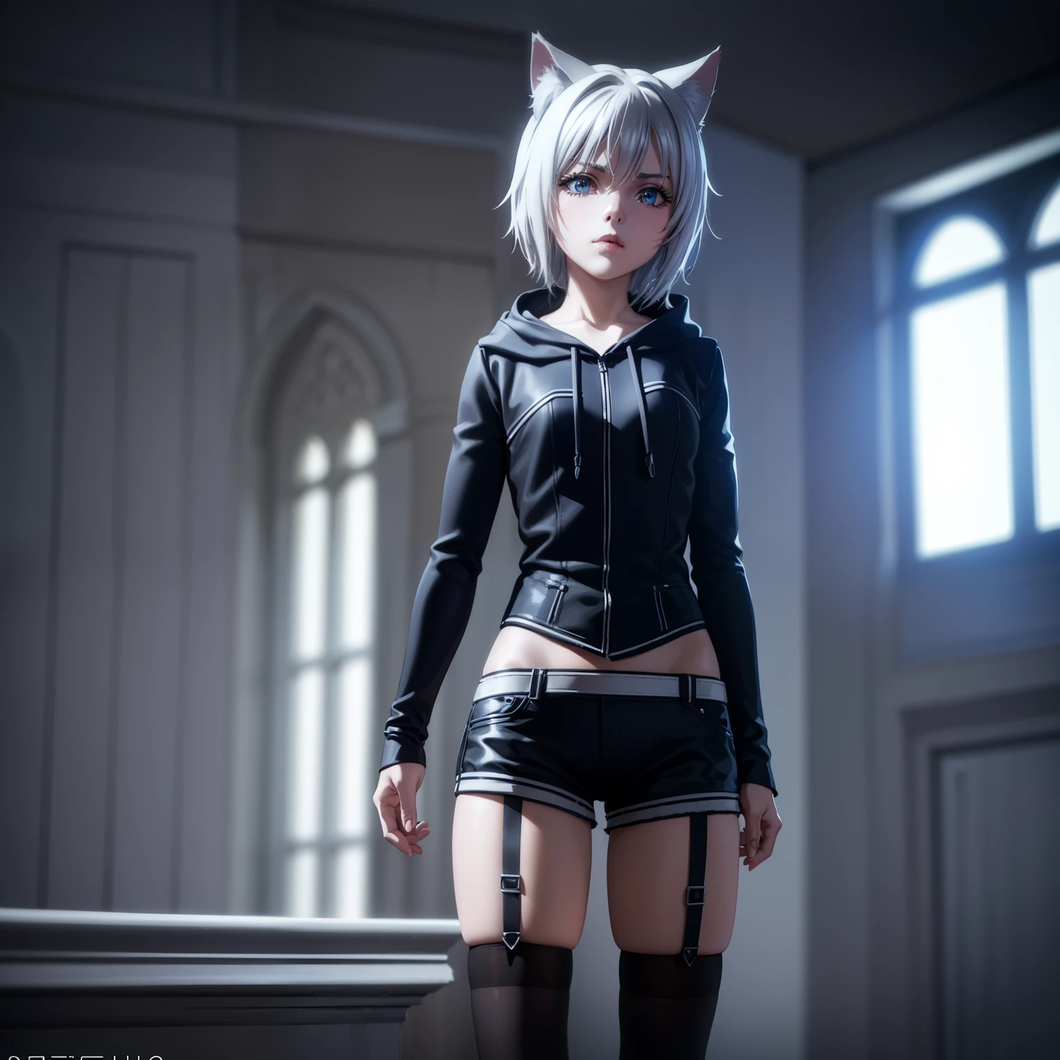 1 girl, character with cat ears, silver hair, short hair, beautiful detailed eyes, beautiful detailed lips, extremely detailed eyes and face, long eyelashes, wearing black hooded outfit, thigh-high stockings, garters, short shorts, (best quality,4k,8k,highres,masterpiece:1.2),ultra-detailed,(realistic,photorealistic,photo-realistic:1.37),concept art, fantasy, cinematic lighting, dramatic shadows You decided to wear a hoodie and covered your body, hiding yourself Rey 