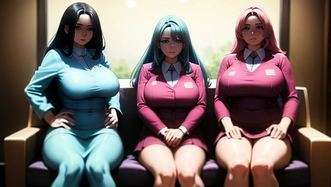 a masterpiece photo of 3 beautiful plump cyan-haired girls with long fluffy-layered hair, cyan haired girls, different hair colors, matching hairstyles, hazel eyes, big And round bust, matching uniforms, serious, flat color, same height, organized pose, sitting side by side, best quality, 4k, 8k, highres, masterpiece:1.2, ultra-detailed, realistic, photorealistic, photo-realistic:1.37, HDR, UHD, studio lighting, ultra-fine painting, sharp focus, physically-based rendering, extreme detail description, professional, vivid colors, bokeh