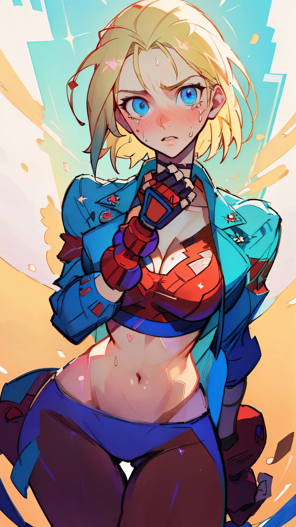 ((((masterpiece, best quality, high resolution)))), Extremely detailed 8K, 1 female, (Cammy White) wearing her Cammy White outfit, (Ultra HD, Ultra-detailed, Highly detailed, Highly realistic, Ultra-realistic, photograph realistic), (1girl:1.5), (Realistic short blond hair), (dynamic poses), facing at camera, looking at viewer, (a serious focus face), (regular blue eyes, sharp eyes), (perky breasts:1.2), (beautiful detailed face, beautiful detailed eyes), ((slightly sweating)), (preparing for a workout), sweat, glow, (sunbeam, sunlight), ((cowboy shot)), streets background, seductive, EnvyBetterHands LoCon,