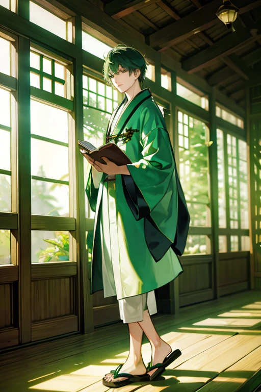 One Man、Standing man、Green Hair、Short Hair、Wearing a shirt、Wearing Japanese clothing、Wearing sandals、Wearing a cloak、I have a book