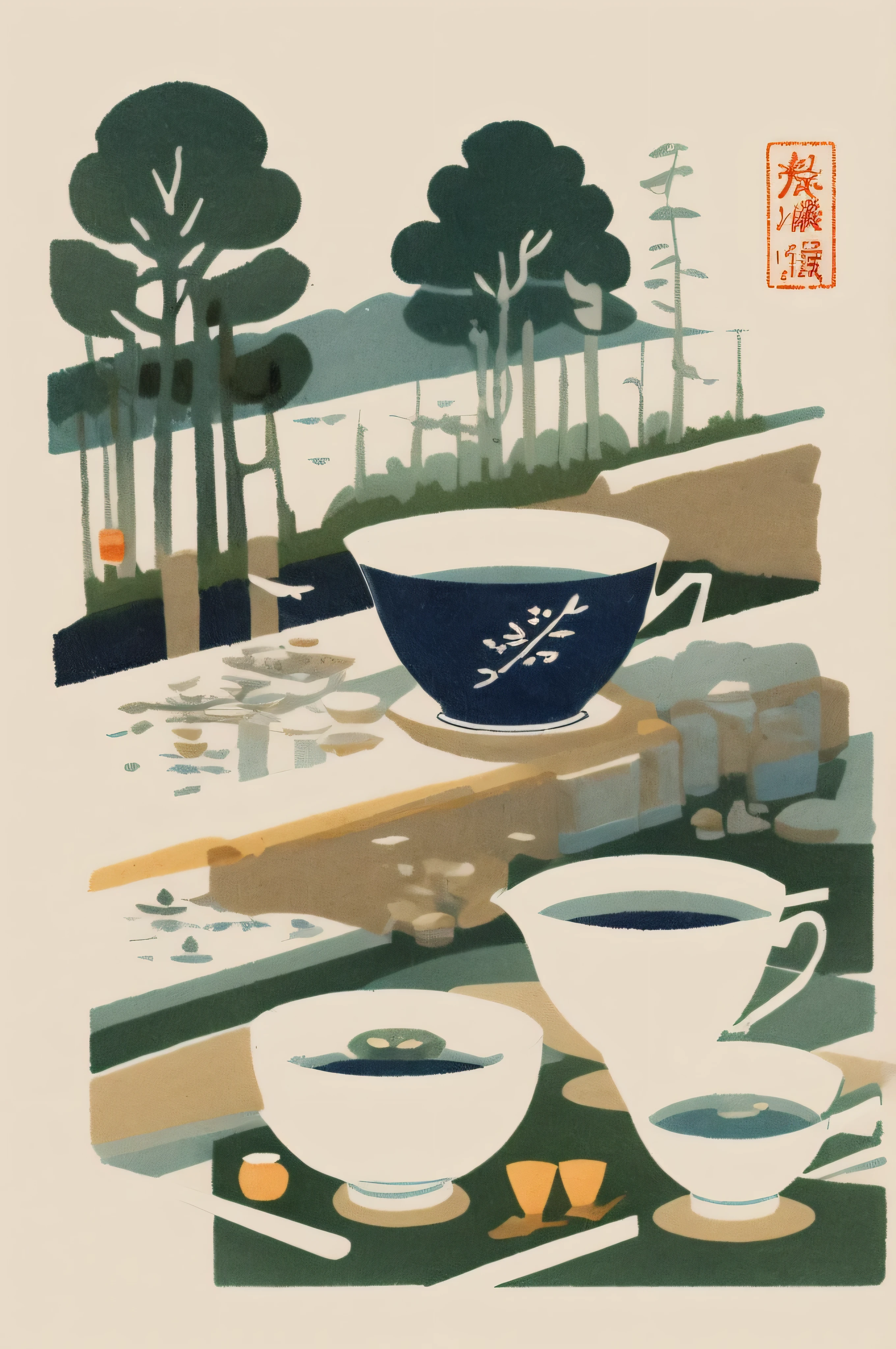 Illustration: Simple, woodblock printing style, meticulous Chinese tea making equipment, teapot, tea cup, tea leaves, kettle, and measuring spoon. No artist's signature, no human being.