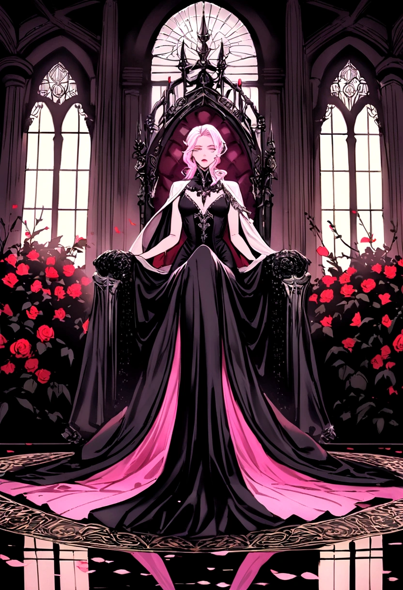 She is in the main hall of the palace, sitting with a majestic posture on her ebony throne. Your hair is a vibrant pink, like rose petals in full bloom, falling in gentle waves over your shoulders and back.Your eyes are the same shade of pink, glowing with a mysterious glow that captures the soft light that streams in through the hall's tall windows. Your skin is pale and flawless, contrasting with the dark throne and the fine fabrics that surround it.She wears a long black silk dress, which molds perfectly to your slender curves and subtly reveals your slender and attractive figure. Silver details adorn the edges of the dress, reflecting her position as the undisputed leader of the vampires.Ao redor dela, ancient tapestries depict scenes of epic battles and glorious conquests of vampires over the centuries, silent witnesses to his long reign and absolute power over his dark kingdom.