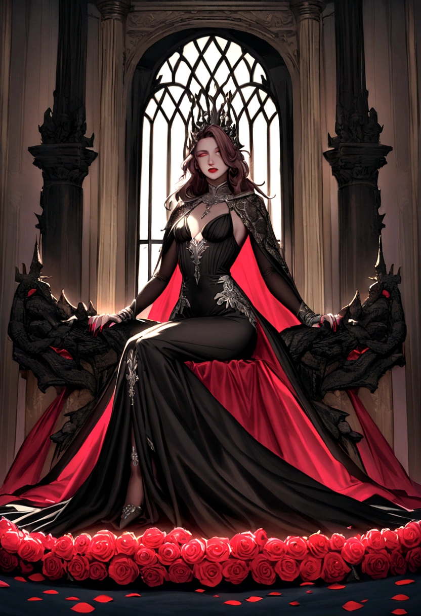 She is in the main hall of the palace, sitting with a majestic posture on her ebony throne. Your hair is a vibrant pink, like rose petals in full bloom, falling in gentle waves over your shoulders and back.Your eyes are the same shade of pink, glowing with a mysterious glow that captures the soft light that streams in through the hall's tall windows. Your skin is pale and flawless, contrasting with the dark throne and the fine fabrics that surround it.She wears a long black silk dress, which molds perfectly to your slender curves and subtly reveals your slender and attractive figure. Silver details adorn the edges of the dress, reflecting her position as the undisputed leader of the vampires.Ao redor dela, ancient tapestries depict scenes of epic battles and glorious conquests of vampires over the centuries, silent witnesses to his long reign and absolute power over his dark kingdom.