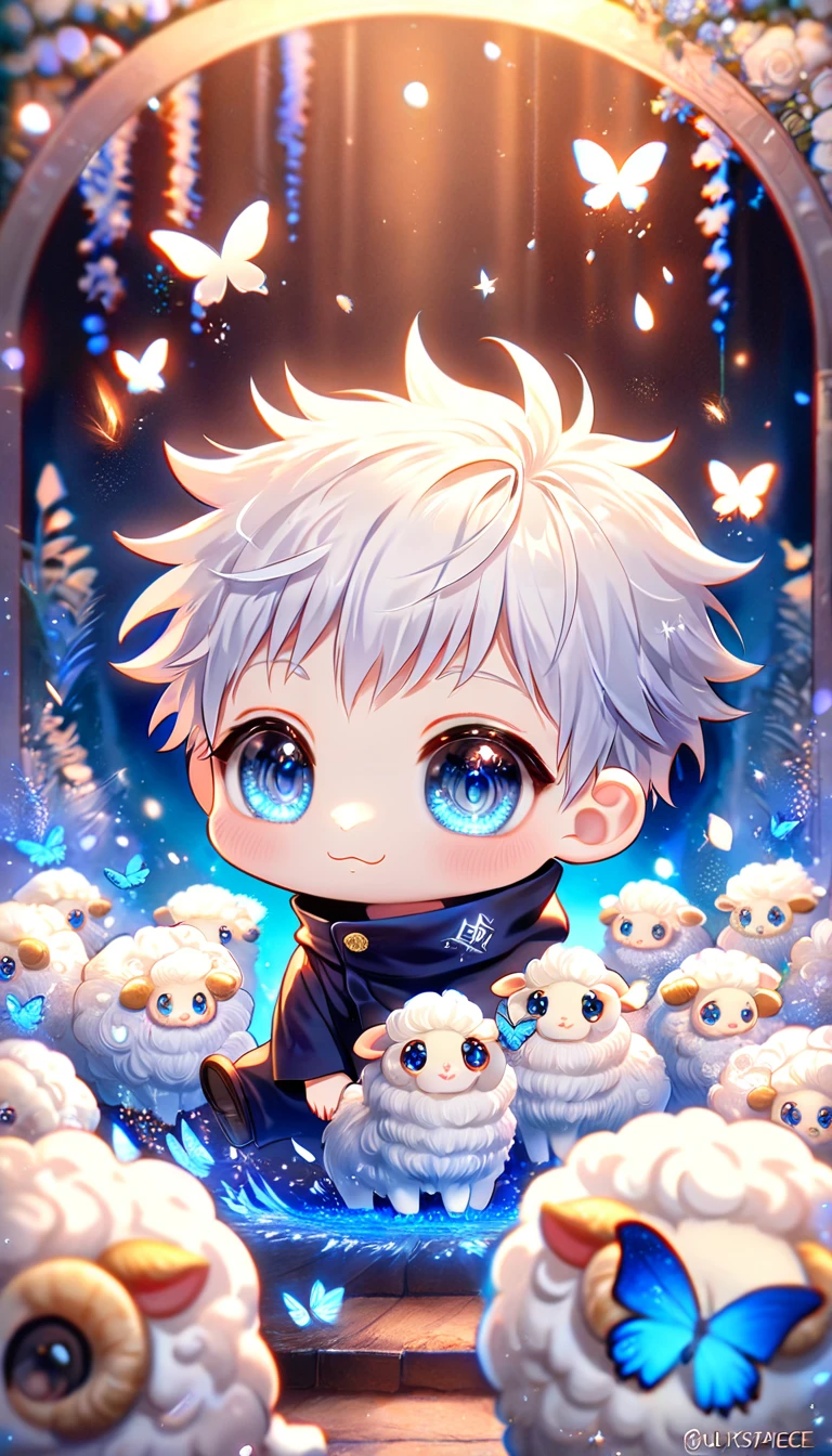 absurdres, highres, ultra detailed, HDR, master piece, best quality, extremely detailed, Gojou Satoru chibi, white hair, expressive blue eyes, white eyelashes, Jujutsu Kaisen, cute sheep, cute, small, solo, magical, fantasy, magic, blue forest, glittering, blue butterflies, blue petals, blue flowers