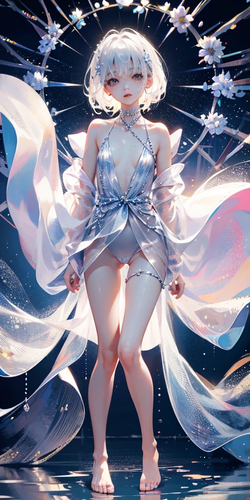 A girl、symmetry,Daughter,whole body female love,Put your hands together and bloom,(Very detailed:1.1),((small :1.2))、The eyes are well drawn、Charming eyes、Double tail、Wear jewelry and pearls around your neck,Transparent openwork、Deep V、Crystal Pearls、在Wear jewelry and pearls around your neck,white hair, show your thighs, Bare shoulders, Show clavicle, Yao Liu, barefoot,((whole body))、painful posture