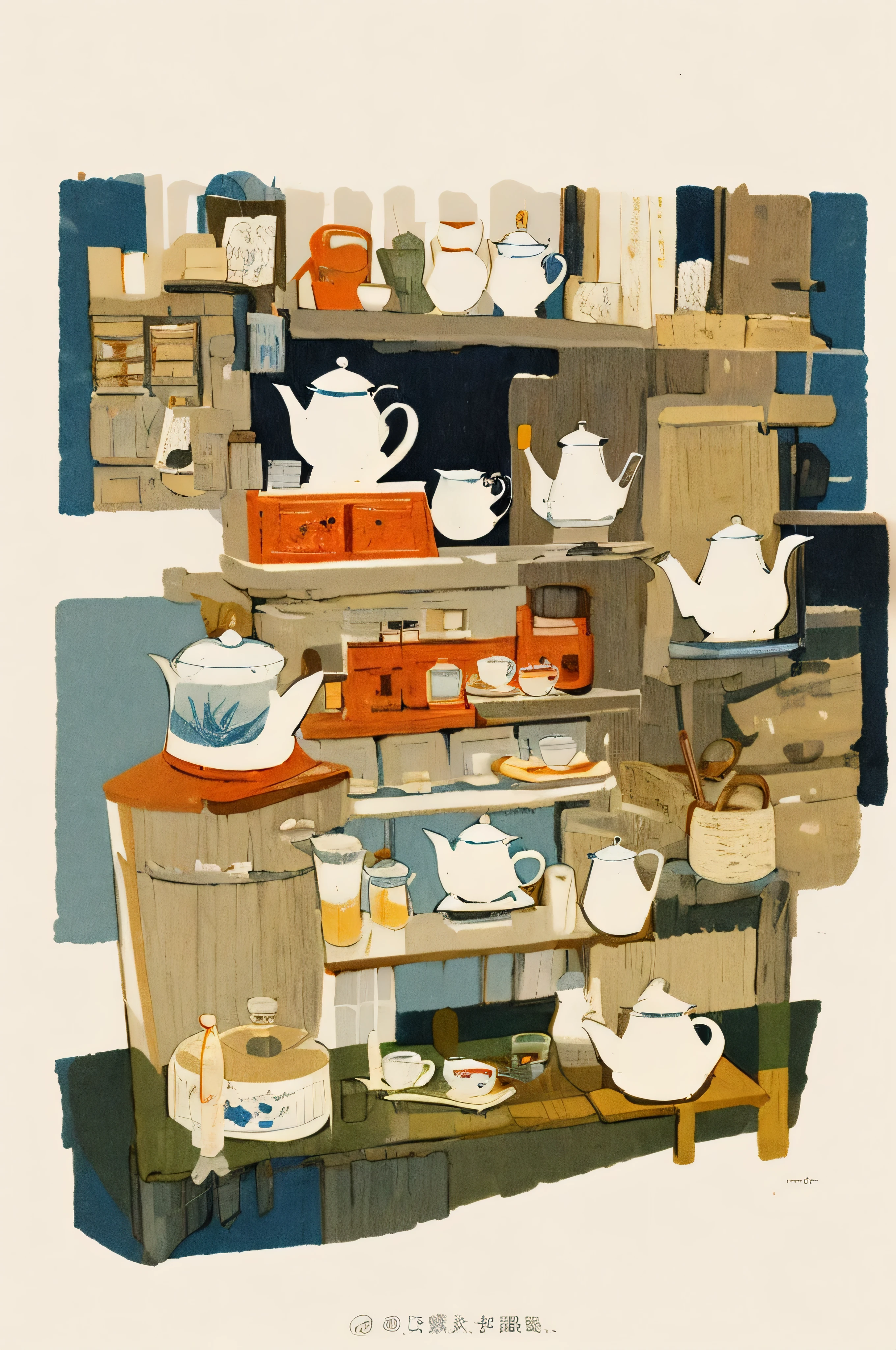 Illustration: Simple, woodblock printing style, meticulous Chinese tea making equipment, teapot, tea cup, tea leaves, kettle, and measuring spoon. No artist's signature, no human being.