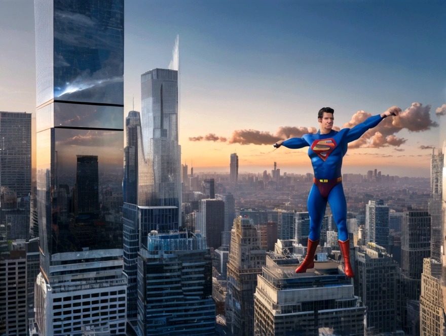 (highres, realistic:1.37), Superman flying over a bustling city, vibrant colors, detailed cityscape, detailed clouds, strong backlighting, heroic pose, cape fluttering in the wind, iconic "S" logo, tall skyscrapers, busy streets, moving vehicles, shiny glass windows, transparent buildings, futuristic architecture, people looking up in awe, dynamic composition, powerful energy radiating from Superman, intense focus on Superman's face, determined expression, confident stance, billowing smoke, realistic textures, shadows and highlights emphasizing depth, realistic city lights, dramatic sunset sky, cinematic feel, iconic superhero