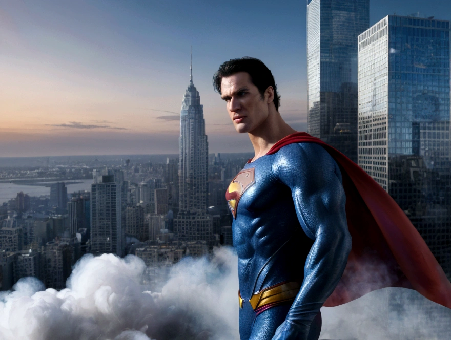 (highres, realistic:1.37), Superman flying over a bustling city, vibrant colors, detailed cityscape, detailed clouds, strong backlighting, heroic pose, cape fluttering in the wind, iconic "S" logo, tall skyscrapers, busy streets, moving vehicles, shiny glass windows, transparent buildings, futuristic architecture, people looking up in awe, dynamic composition, powerful energy radiating from Superman, intense focus on Superman's face, determined expression, confident stance, billowing smoke, realistic textures, shadows and highlights emphasizing depth, realistic city lights, dramatic sunset sky, cinematic feel, iconic superhero